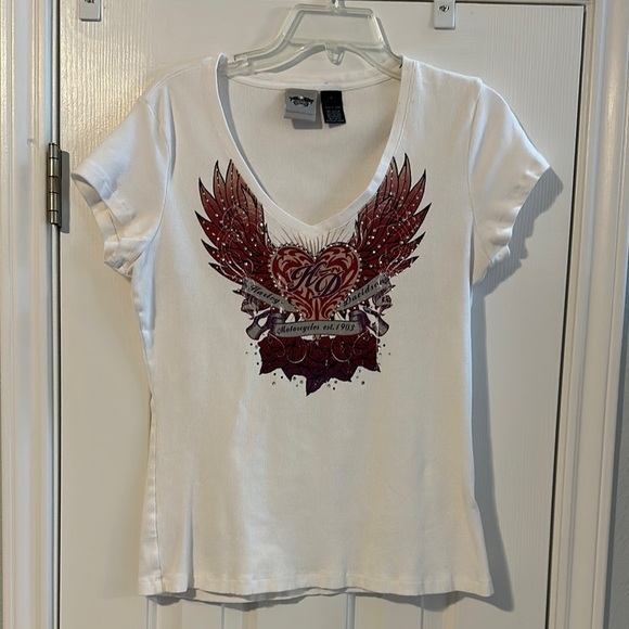 Harley-Davidson Valentines Collection White Graphic Tee Ribbed V-Neck Large Y2K - Picture 2 of 9
